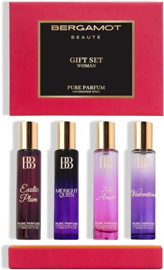 مجموعة هدايا عطر بيور بيرفيوم للعام الجديد للنساء من برغموت بيوتي، عبوة من 4 قطع × 15 مل | فالنتاين، اكزوتيك بلوم، مي امور، ميدنايت كوين، يدوم مرتين من او دي بارفان