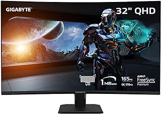 جيجابايت شاشة العاب منحنية GS32QC 31.5 انش 165Hz 1440P شاشة 2560×1440 VA 1500R وقت استجابة 1 مللي ثانية (MPRT)، جاهزة HDR، منفذ عرض 1.4، 2 × HDMI 2.0، اسود، LCD