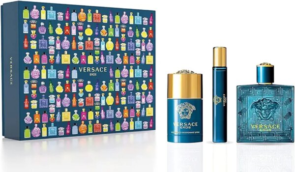 عطر ايروس من فيرساتشي، 3.4 اونصة و10 مل بخاخ او دي تواليت، 2.5 اونصة مزيل عرق صلب مجموعة جديدة للرجال