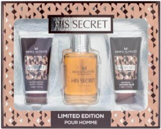 مجموعة هدايا عطر هيز سيكريت بور اوم للرجال من مارك الفريد، او دي بارفان 100 مل + لوشن للجسم 50 مل + جل استحمام 50 مل