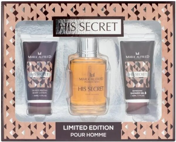 مجموعة هدايا عطر هيز سيكريت بور اوم للرجال من مارك الفريد، او دي بارفان 100 مل + لوشن للجسم 50 مل + جل استحمام 50 مل